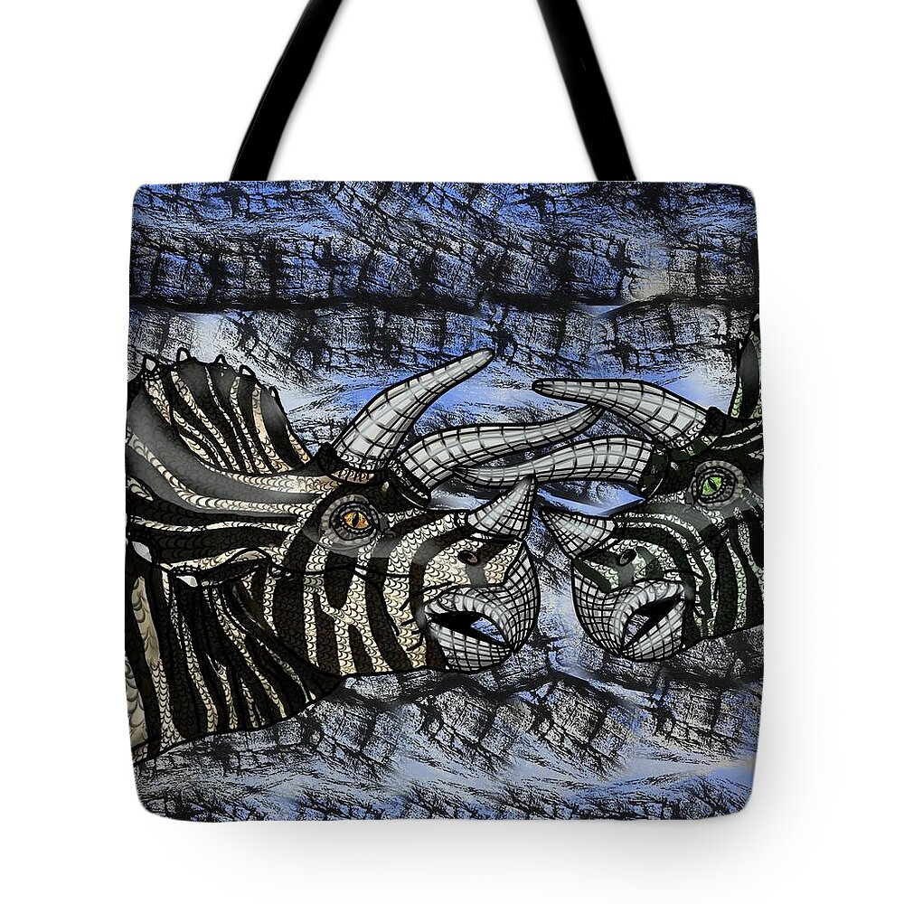 Dinosaur Tote Bag featuring the drawing Dinosaur Triceratops Head On Battle by Joan Stratton