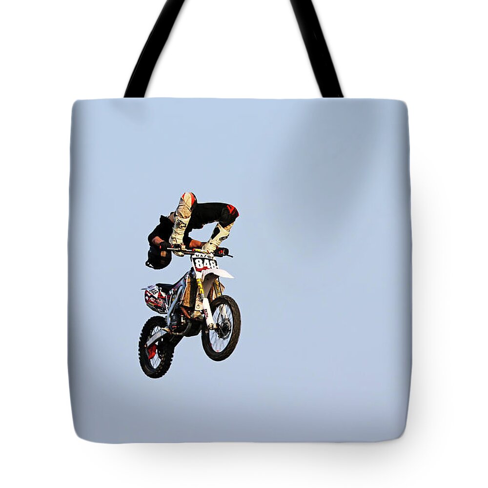 Dirt Bike Tote Bag featuring the photograph Dirt Bike Stunts - In The Air V by Debbie Oppermann