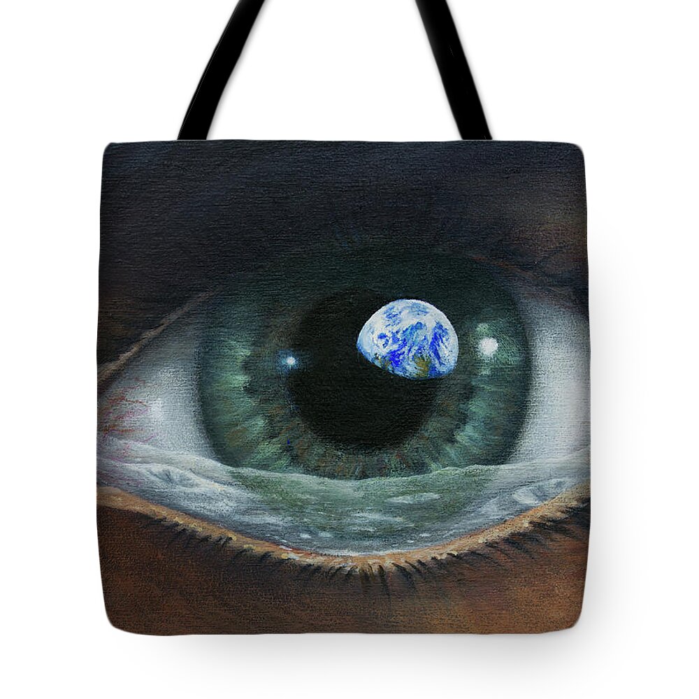 Earthrise Tote Bag featuring the painting Discovering earth by Lucy West