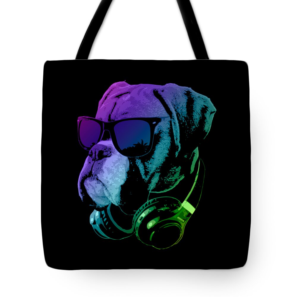 Dog Tote Bag featuring the digital art DJ Boxer Dog In Neon Lights by Filip Schpindel