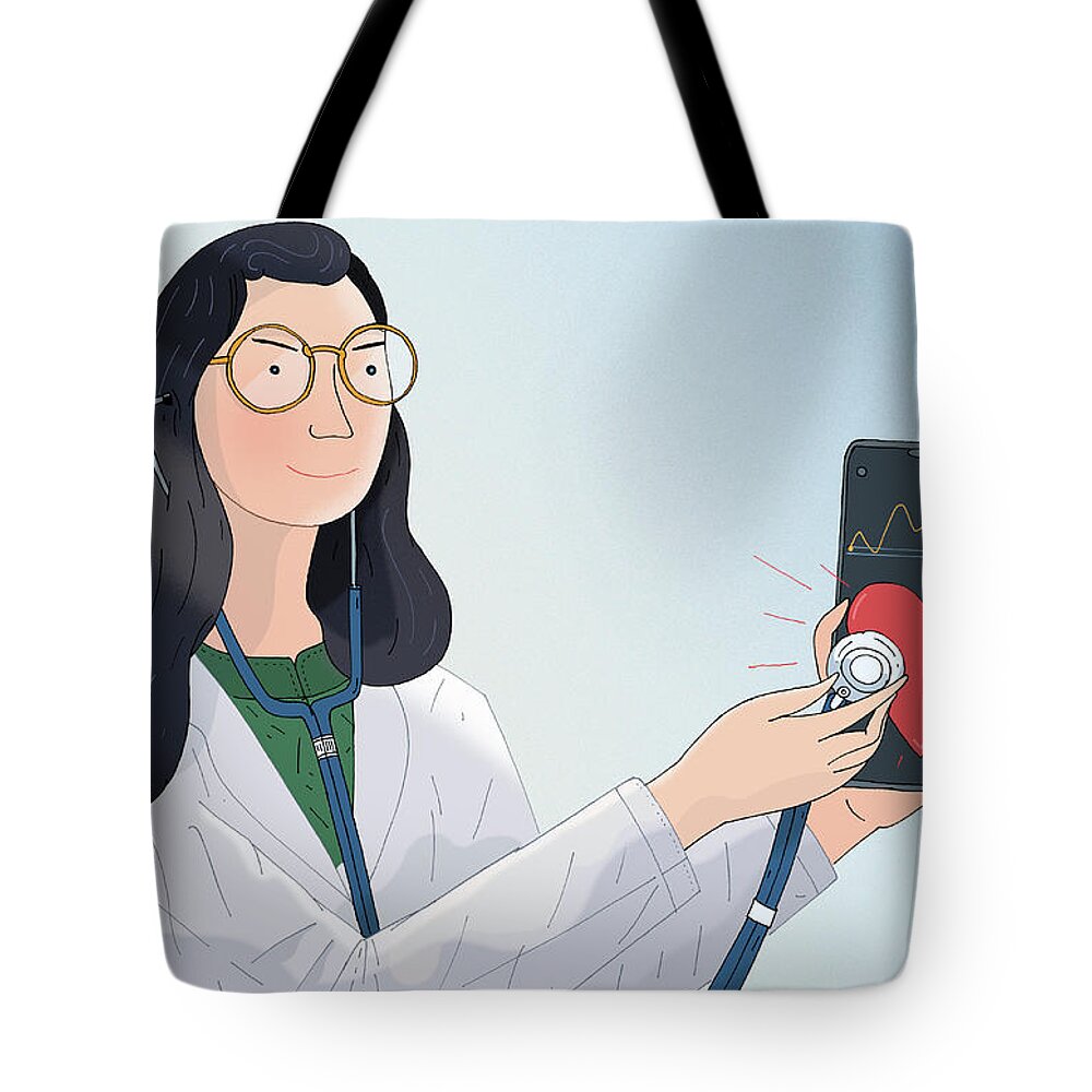 30-35 Years Tote Bag featuring the photograph Doctor Listening To Heart On Smart Phone by Ikon Images