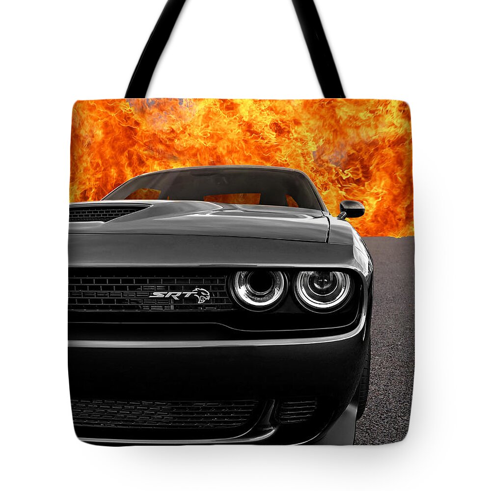 Dodge Tote Bag featuring the photograph Dodge Hellcat SRT With Flames by Gill Billington