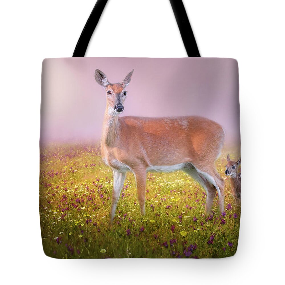 Deer Tote Bag featuring the photograph Doe and Fawn by Bill Wakeley
