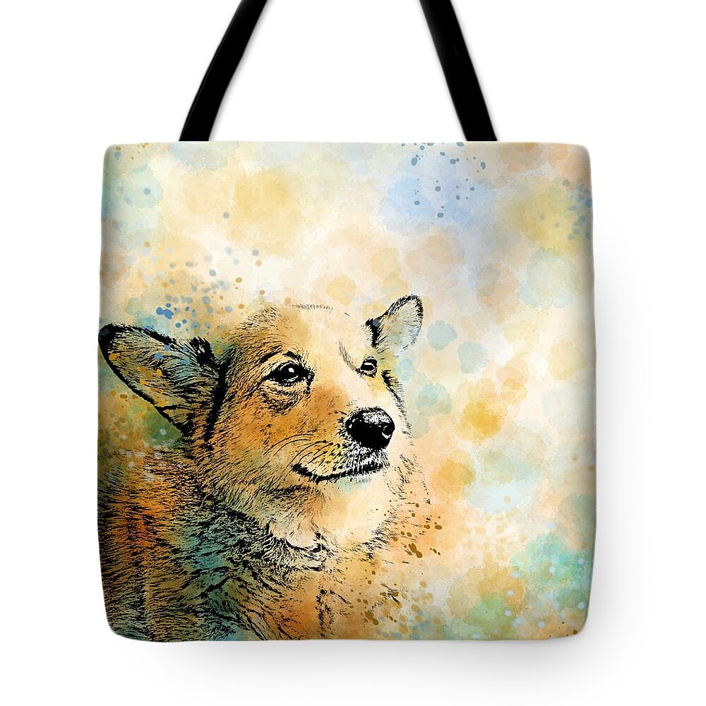 Dog Tote Bag featuring the digital art Dog 143 Corgi by Lucie Dumas