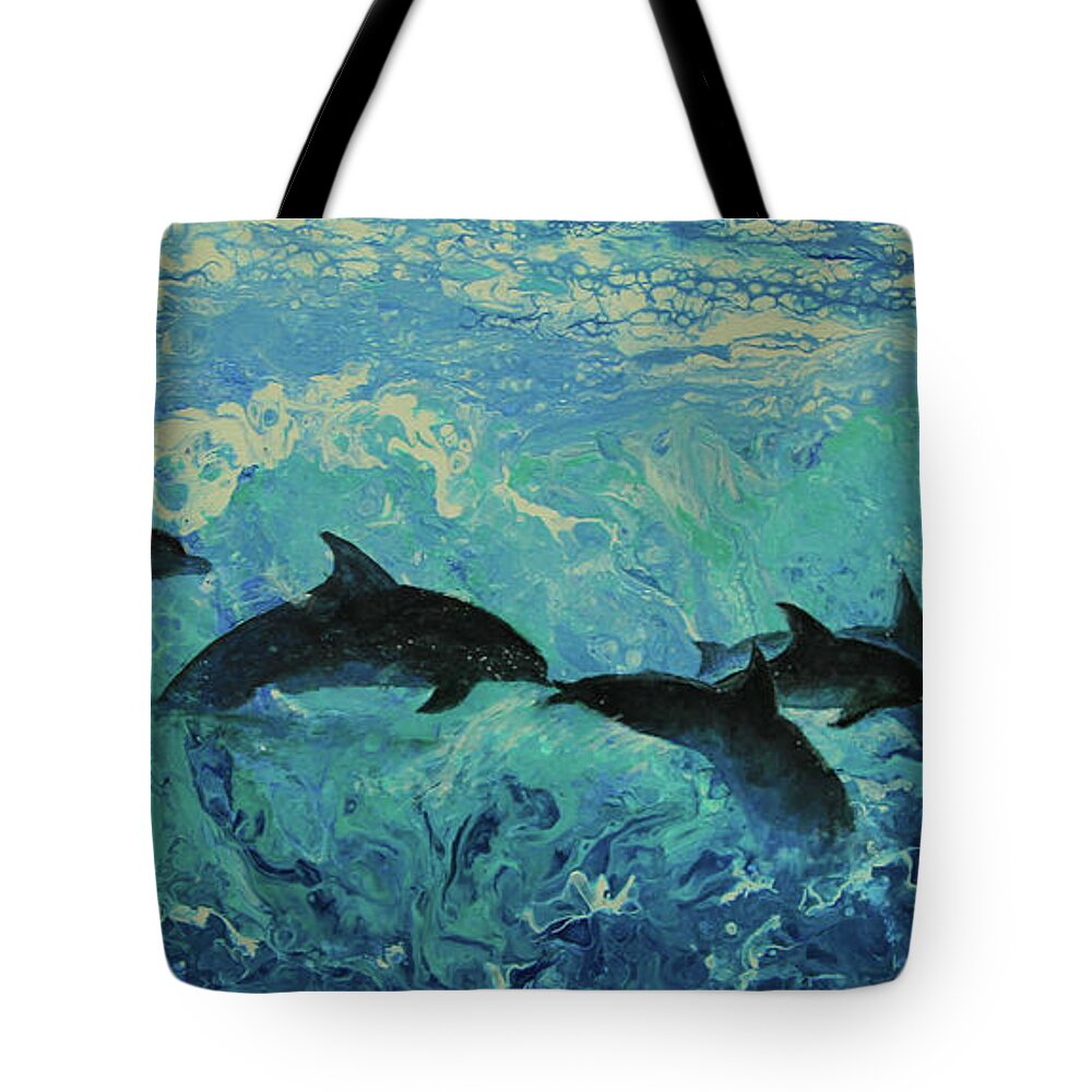 Painting Tote Bag featuring the painting Dolphins Surf by Jeanette French