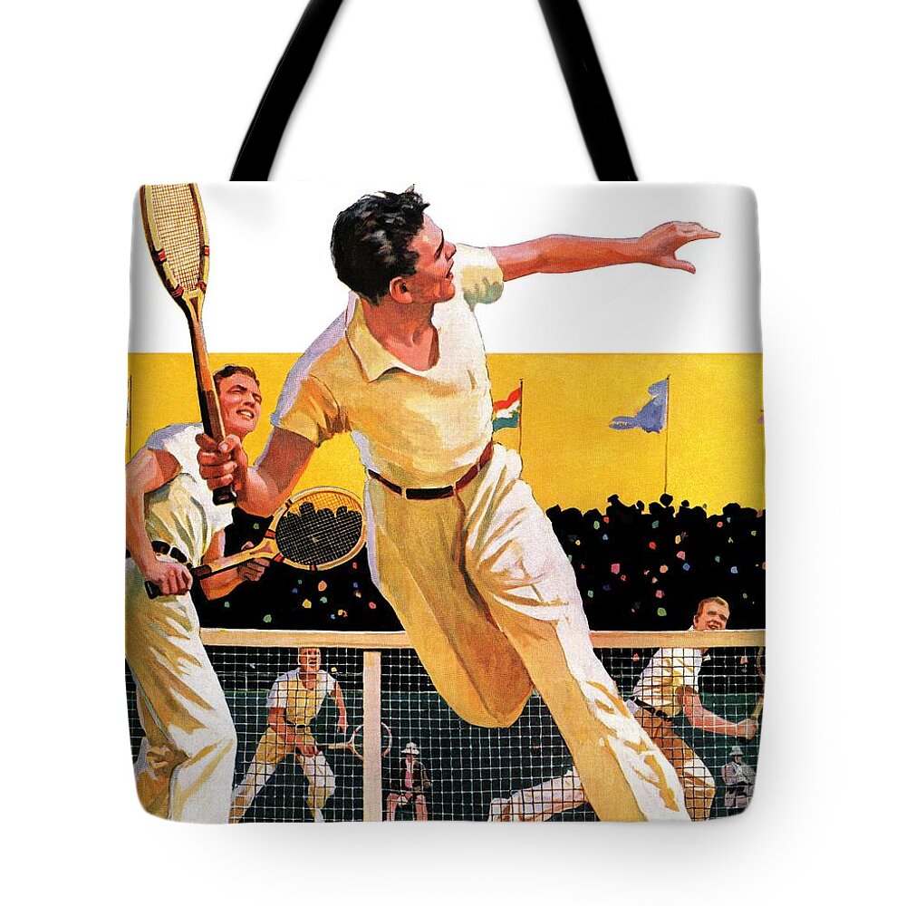 Men Tote Bag featuring the drawing Doubles Tennis Match by Maurice Bower