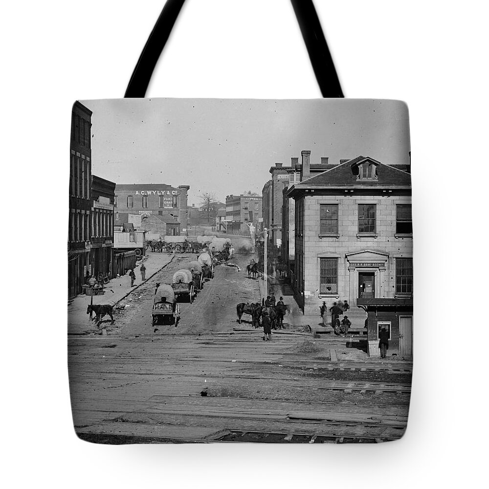 Civil War Tote Bag featuring the painting Downtown Atlanta with Sherman's Wagon Train Moving Through by George Barnard