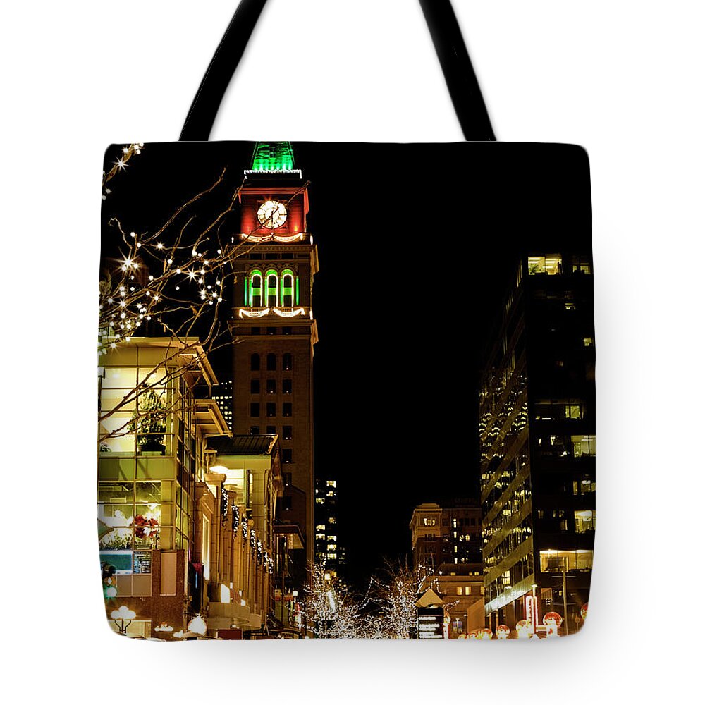 Downtown District Tote Bag featuring the photograph Downtown Denver At Christmas by Missing35mm