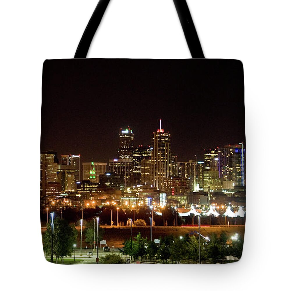 Downtown Tote Bag featuring the photograph Downtown Denver at night by Chance Kafka