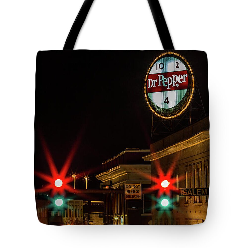  Dr Pepper Sign Neon Sign Tote Bag featuring the photograph Dr Pepper Neon Sign Roanoke, Virginia. by Julieta Belmont