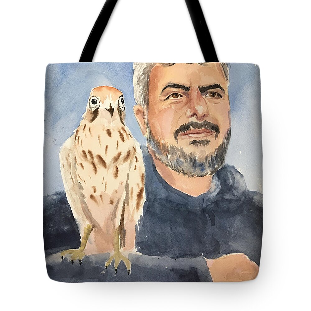 Aleppo Tote Bag featuring the painting Dr Yoossef and hawk by Mimi Boothby