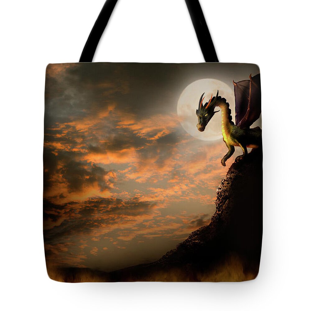 Dramatic Sky Tote Bag featuring the digital art Dragon On A Rock by -asi