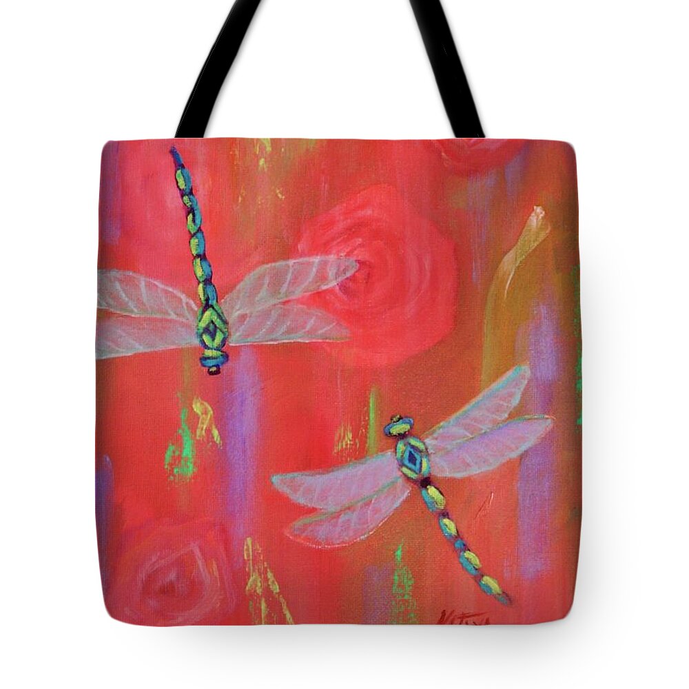 Dragonfly Tote Bag featuring the painting Dragonfly N Roses by Nataya Crow