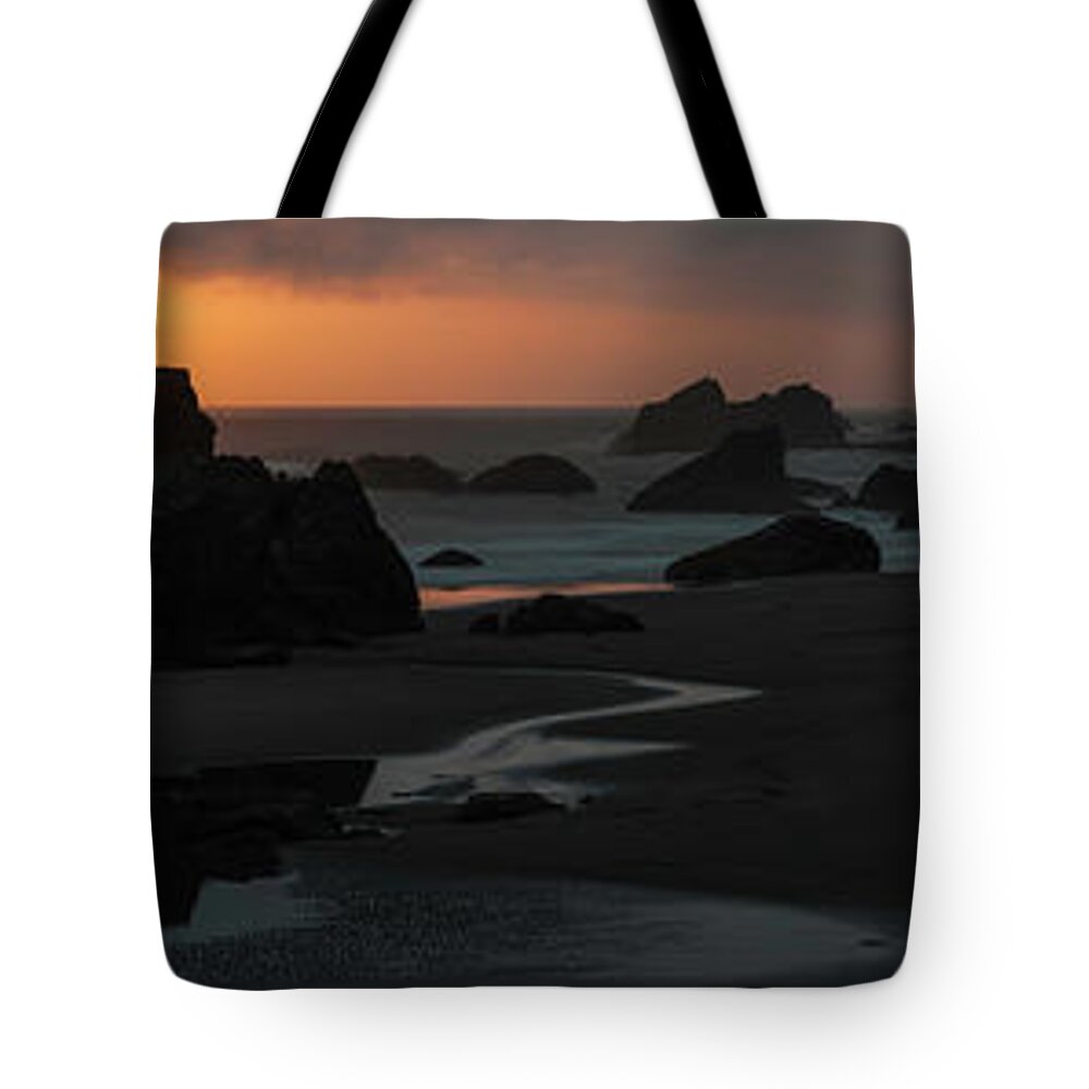 Water's Edge Tote Bag featuring the photograph Dramatic Beach Sunset Panorama Pacific by Fotovoyager