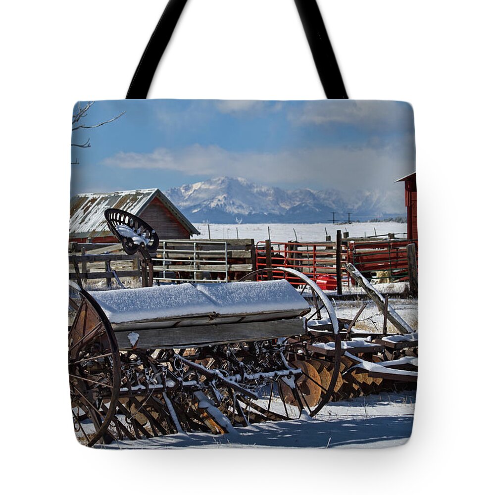 Farm Tote Bag featuring the photograph Drill Disc and Peak by Alana Thrower