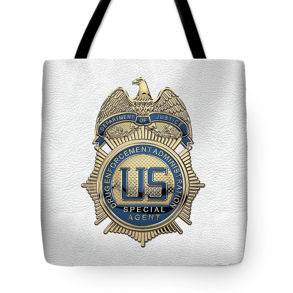  ‘law Enforcement Insignia & Heraldry’ Collection By Serge Averbukh Tote Bag featuring the digital art Drug Enforcement Administration - D E A Special Agent Badge over White Leather by Serge Averbukh
