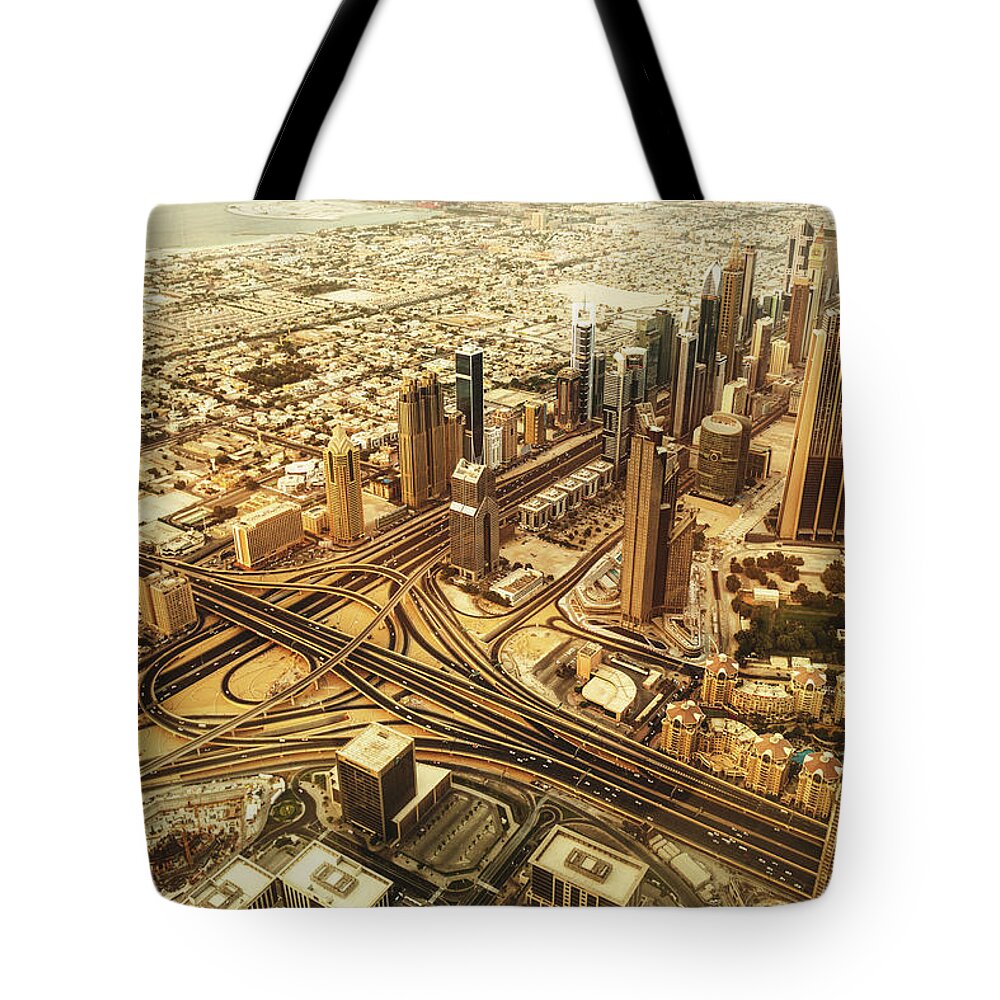 Arabia Tote Bag featuring the photograph Dubai Skyline With Downtown Aerial View by Franckreporter