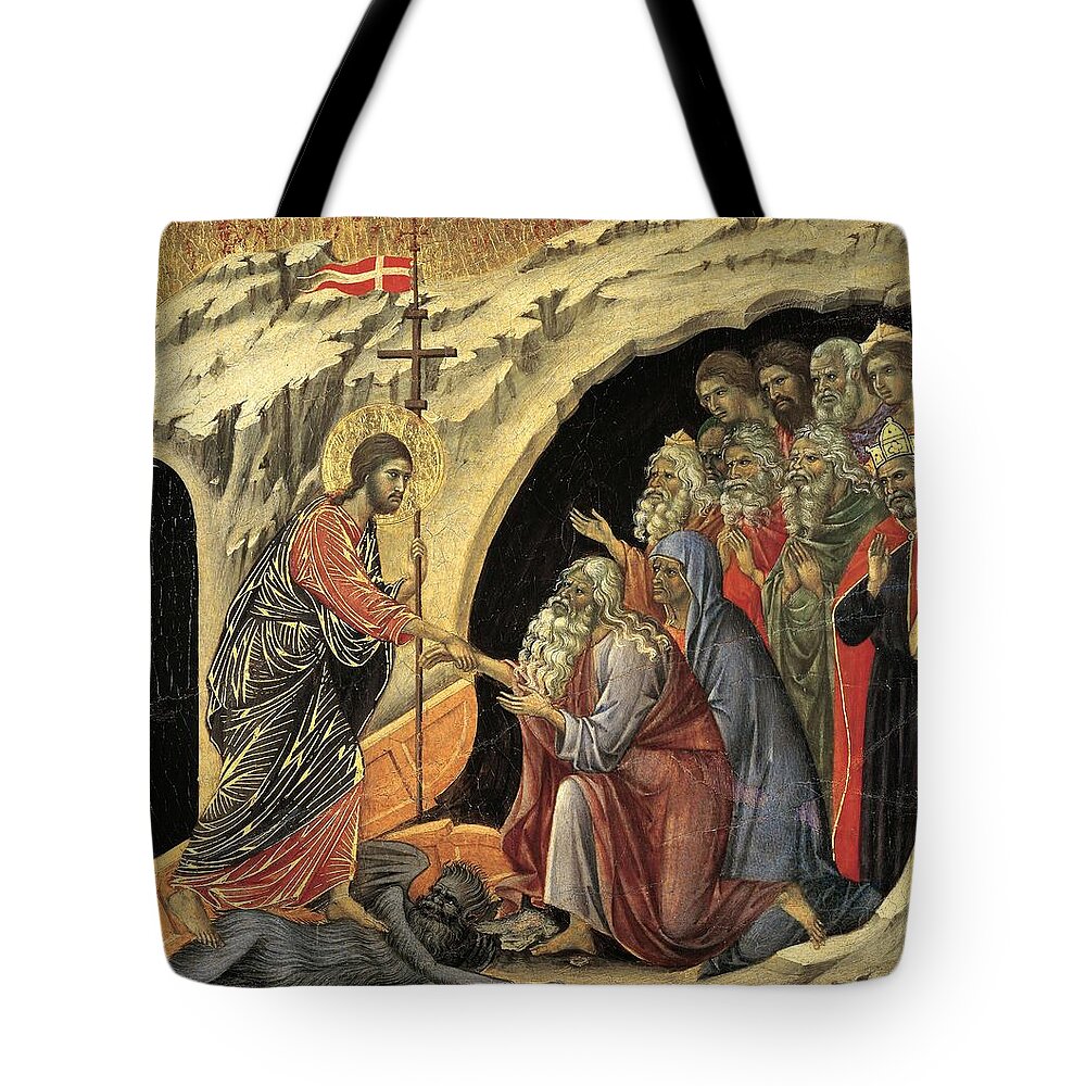 Adam Tote Bag featuring the painting Duccio di Buoninsegna / 'Maesta - Passion Descent to Hell', 1308-1311. JESUS. Adam. by Duccio di Buoninsegna -c 1260-c 1318-
