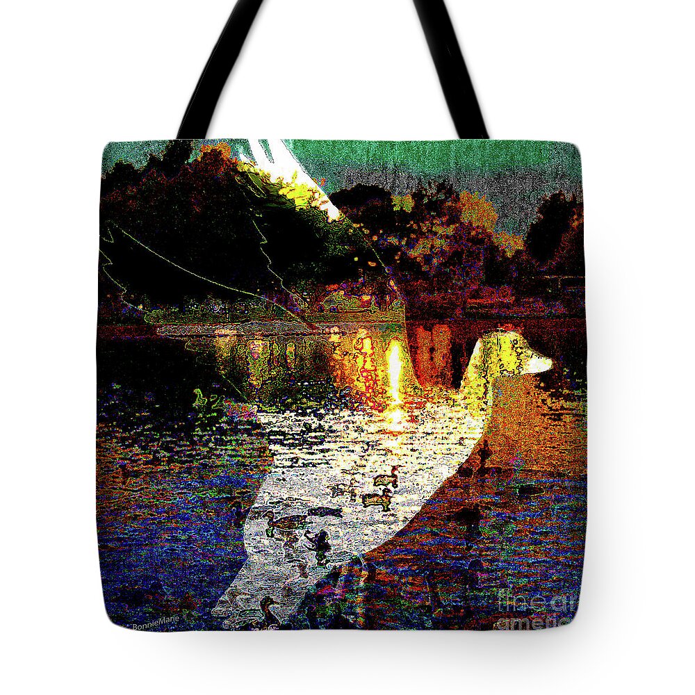 Duckpond Tote Bag featuring the painting Duckpond at Dusk.flight over lake by Bonnie Marie