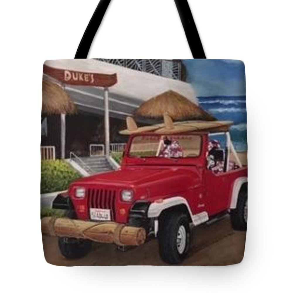 Jeep Tote Bag featuring the painting Dukes on Sunday by Jim Reale