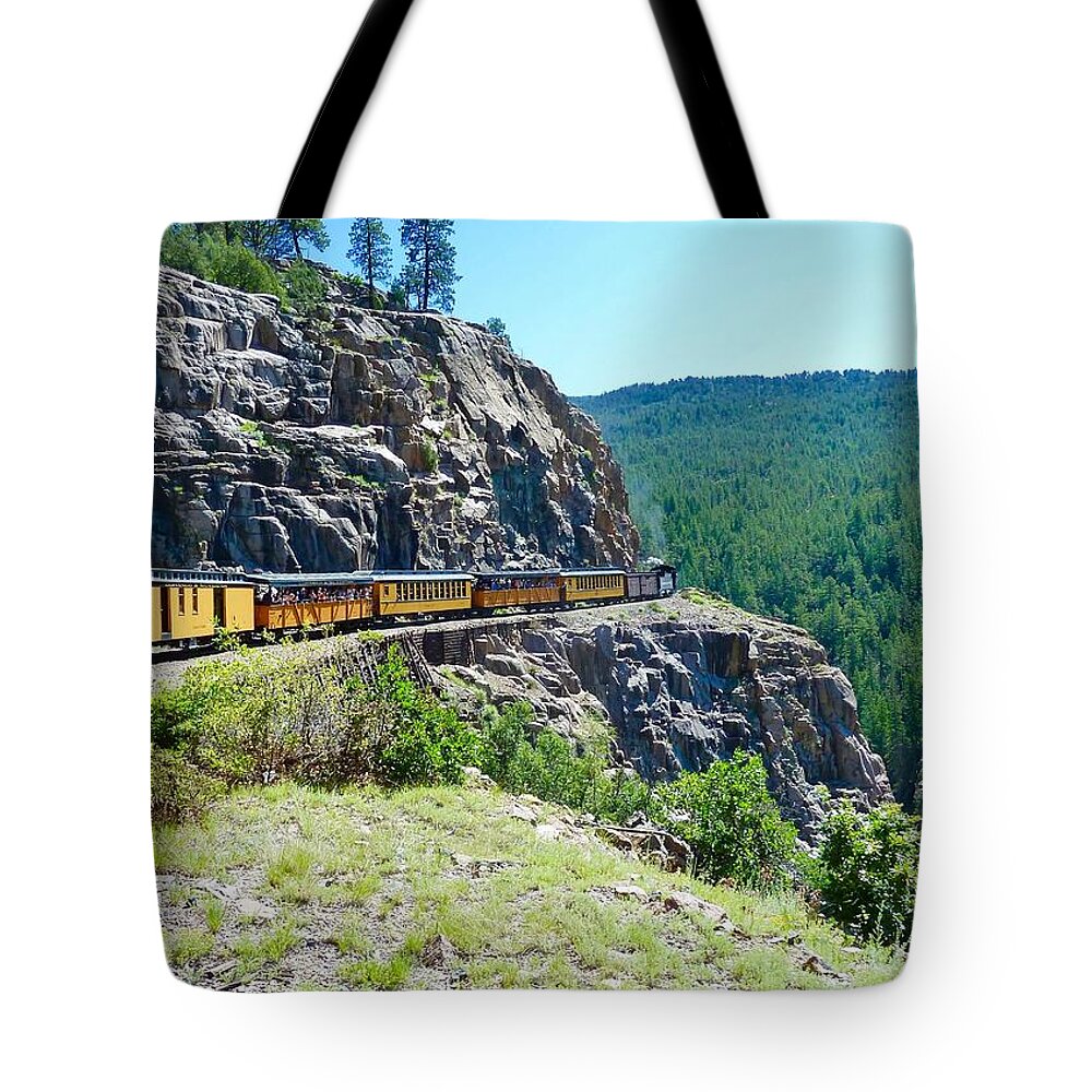 Durango Tote Bag featuring the photograph Durango And Silverton Train Rounds the Bend by Deborah League
