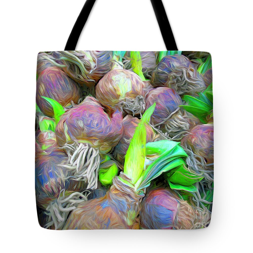 Quantity Tote Bag featuring the mixed media Dutch Tulip Bulbs by Susan Lafleur