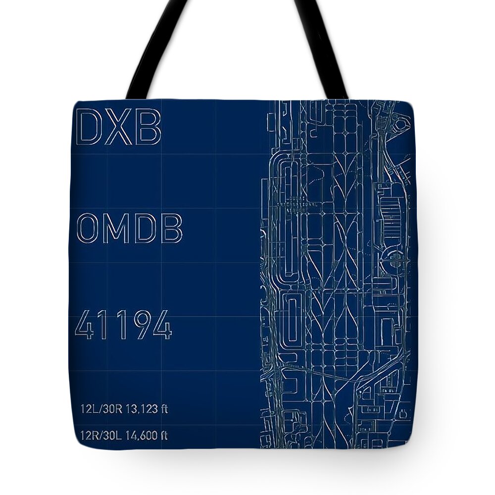 Dxb Tote Bag featuring the digital art DXB Dubai Airport Blueprint by HELGE Art Gallery
