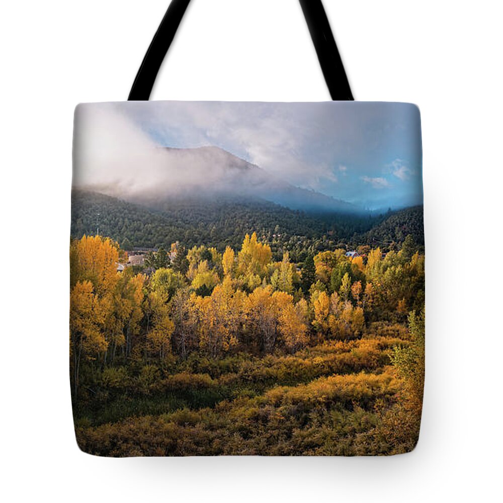 Santa Fe Tote Bag featuring the photograph Early Morning Panorama of Changing Aspens and Picacho Peak - Twomile Reservoir - Santa Fe New Mexico by Silvio Ligutti