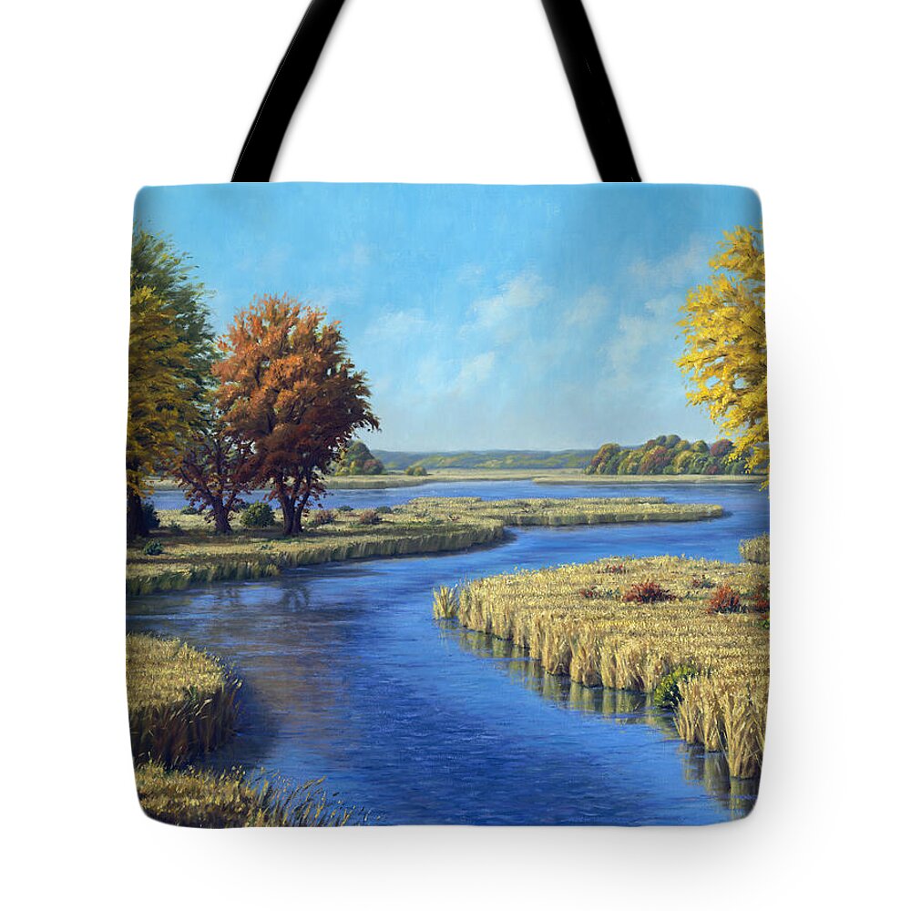 Landscape Tote Bag featuring the painting Sunrise River, East of Stacy by Rick Hansen