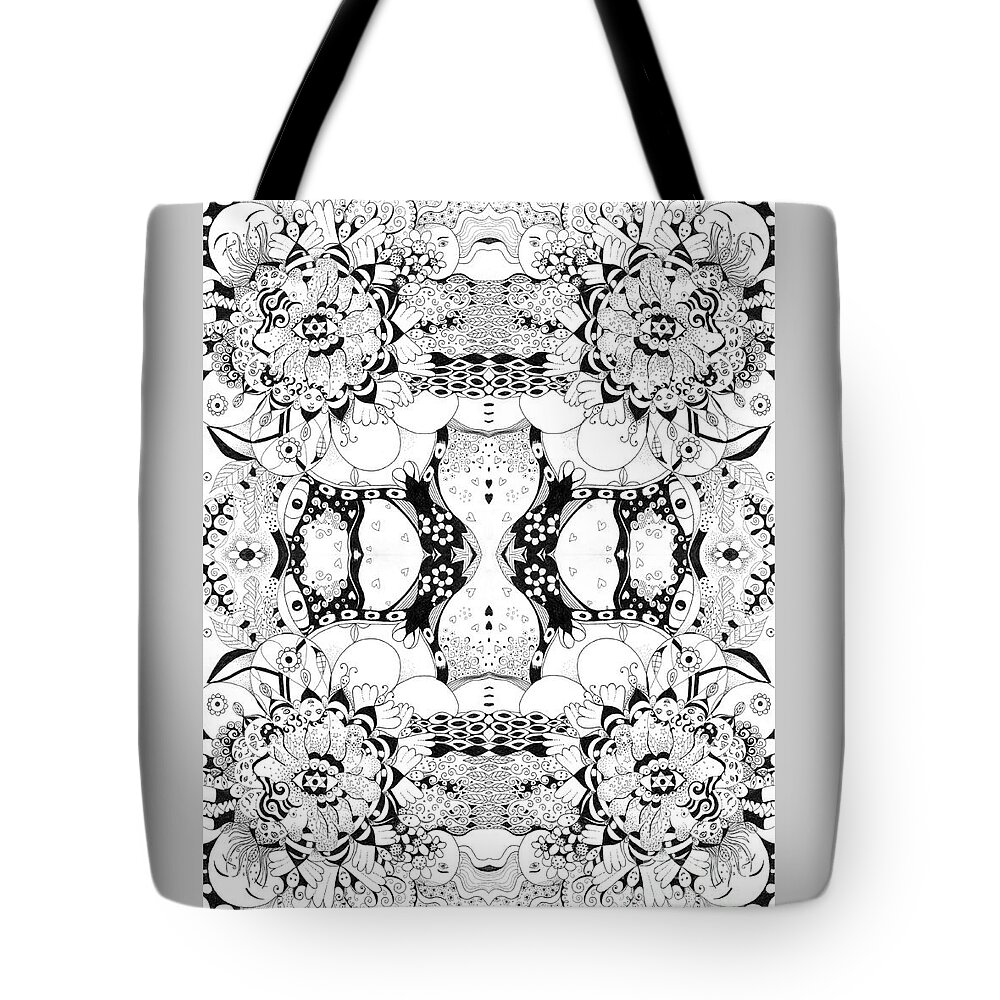 Ecstasy And Bliss Quadrupled By Helena Tiainen Tote Bag featuring the drawing Ecstasy and Bliss Quadrupled by Helena Tiainen