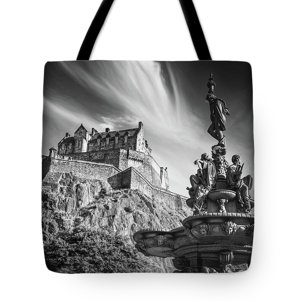 Edinburgh Castle Tote Bag featuring the photograph Edinburgh Castle Scotland Black and White by Carol Japp