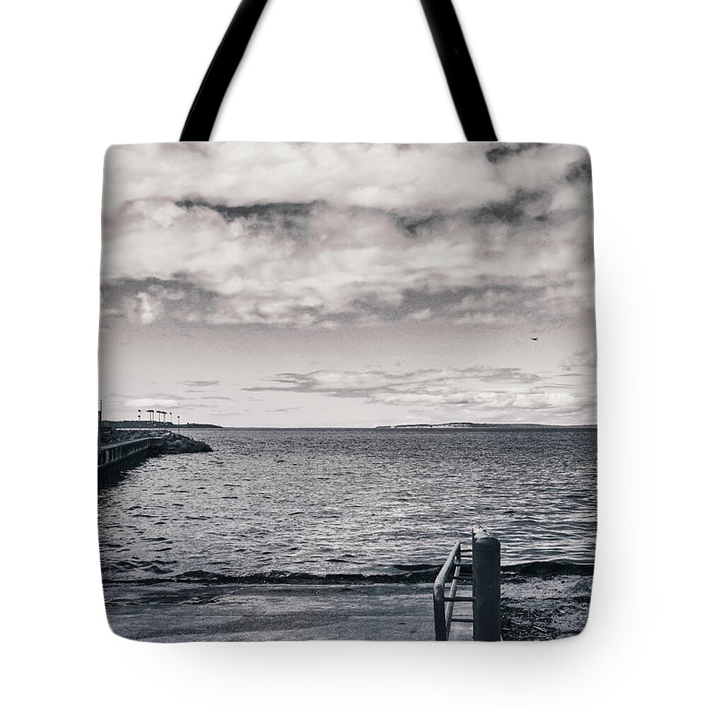 Black And White Tote Bag featuring the photograph Edmonds Beach in Black and White by Anamar Pictures