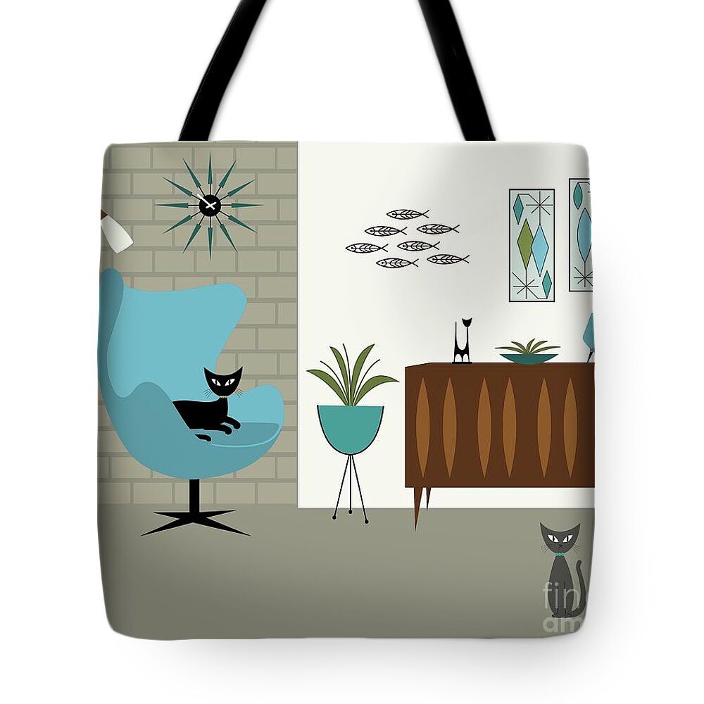 Mid Century Modern Tote Bag featuring the digital art Egg Chair with Mini Fish Art by Donna Mibus