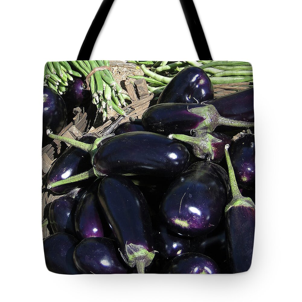Aubergine Tote Bag featuring the photograph Eggplants  for sale in in Chatikona by Steve Estvanik