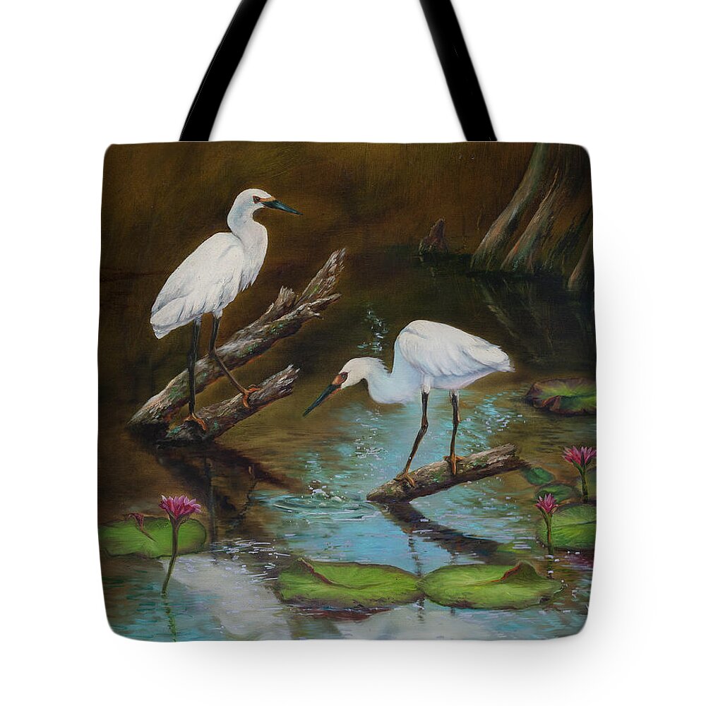 Egrets Tote Bag featuring the painting Two Egrets--Missed Again by Lynne Pittard