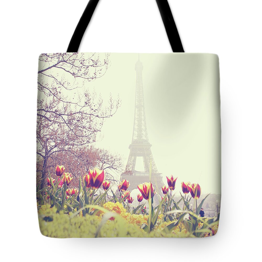Built Structure Tote Bag featuring the photograph Eiffel Tower With Tulips by Gabriela D Costa