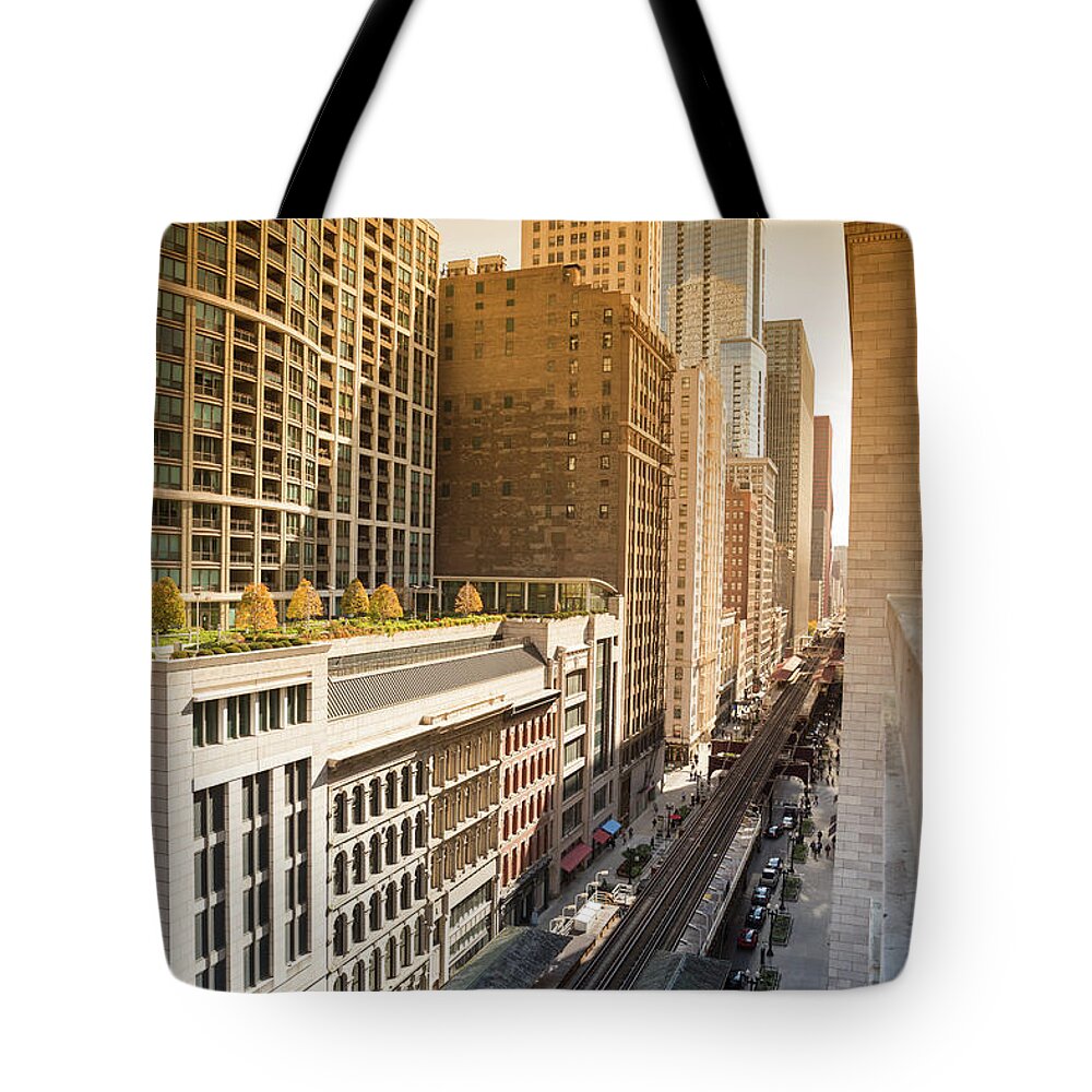 Downtown District Tote Bag featuring the photograph El Train Rails Transportation by Pgiam