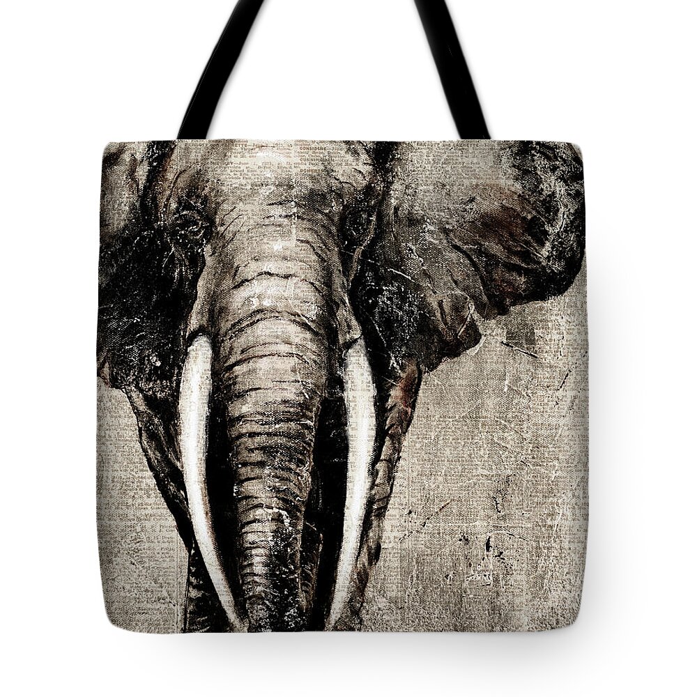 Elephant Tote Bag featuring the painting Elephant On Newspaper by Patricia Pinto