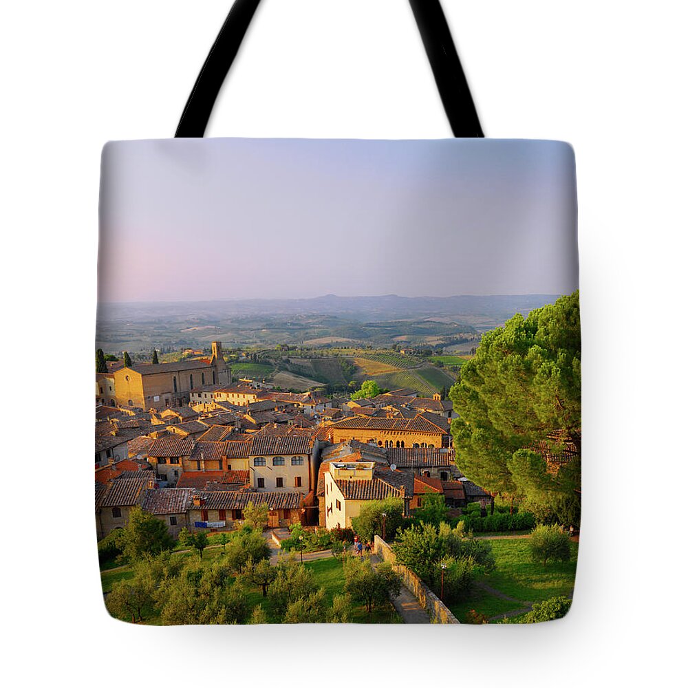 Outdoors Tote Bag featuring the photograph Elevated View Of San Gimignano by Shaun Egan
