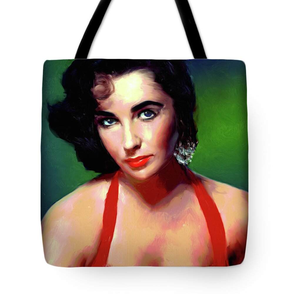 Elizabeth Tote Bag featuring the painting Elizabeth Taylor painting by Stars on Art