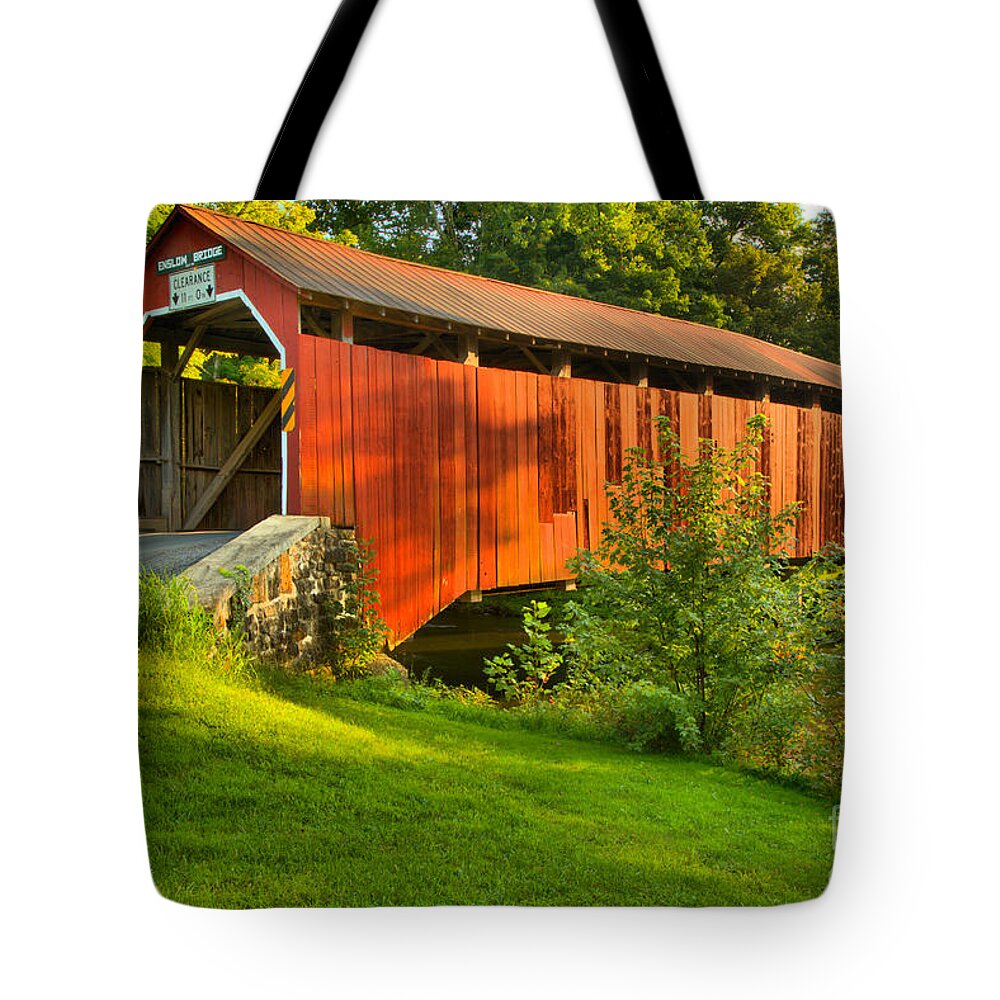 Enslow Tote Bag featuring the photograph Enslow Covered Bridge Lush Landscape by Adam Jewell