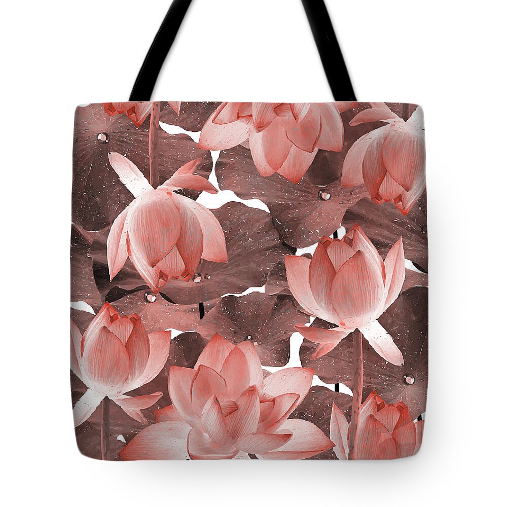 Lotus Tote Bag featuring the mixed media Ethereal Red Lotus Flower - Tropical, Botanical Art - Red Water Lily - Lotus Pattern - Red, Brown by Studio Grafiikka