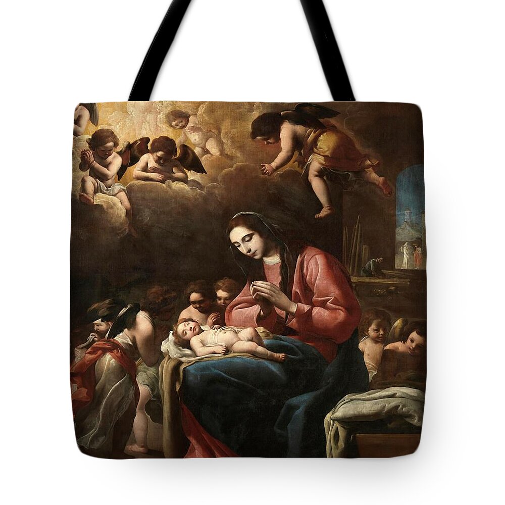 Eugenio Caxes Tote Bag featuring the painting Eugenio Cajes / 'The Virgin and Child with Angels', 1618, Spanish School. CHILD JESUS. VIRGIN MARY. by Eugenio Caxes -1574-1634-