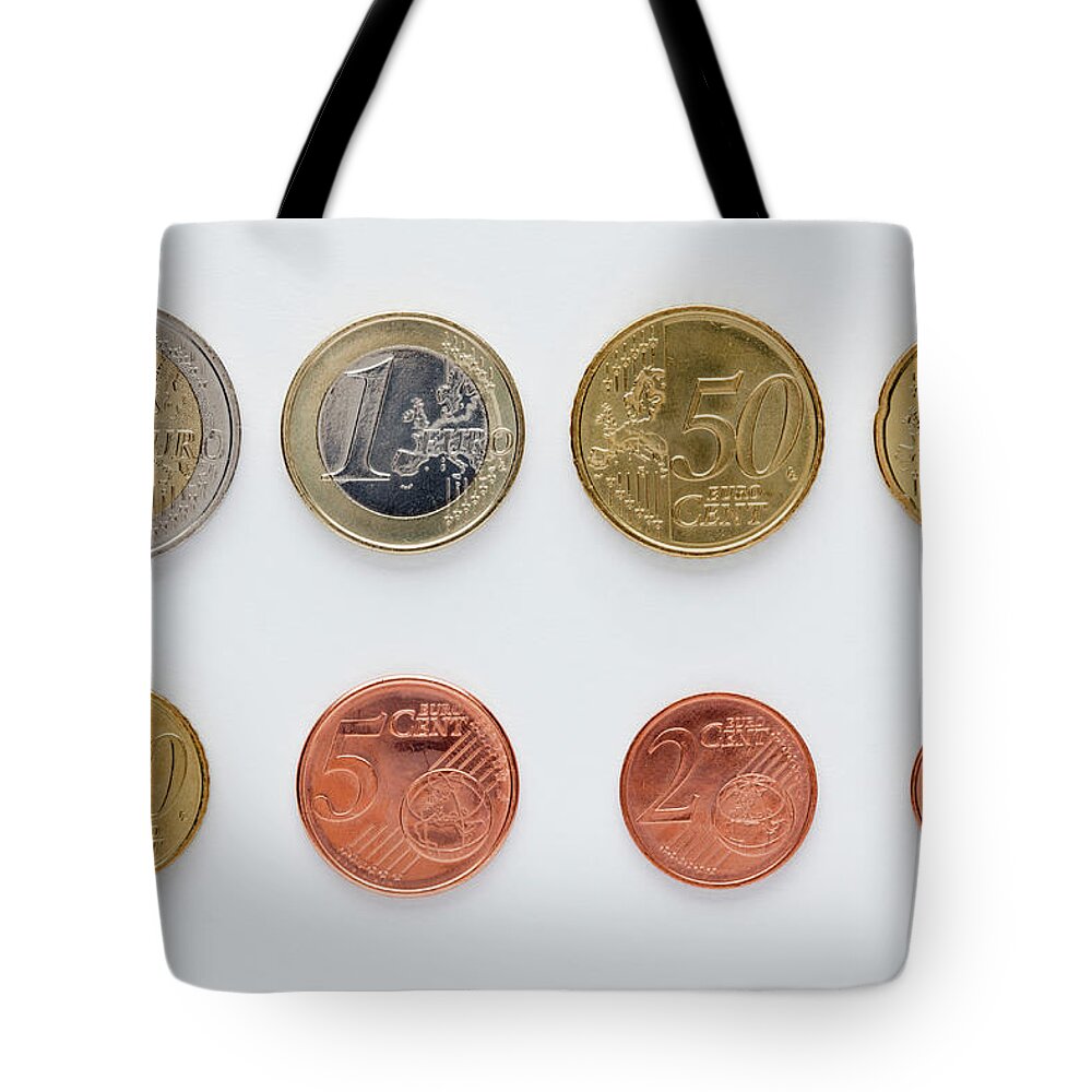 Coin Tote Bag featuring the photograph Euro Coins Arranged In Numerical Order by Caspar Benson
