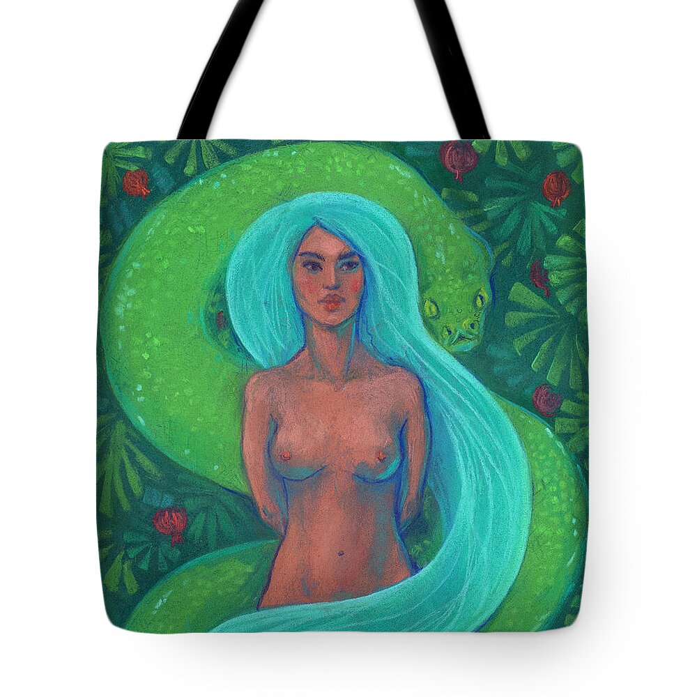  Garden Of Eden Tote Bag featuring the painting Eve and Serpent by Julia Khoroshikh