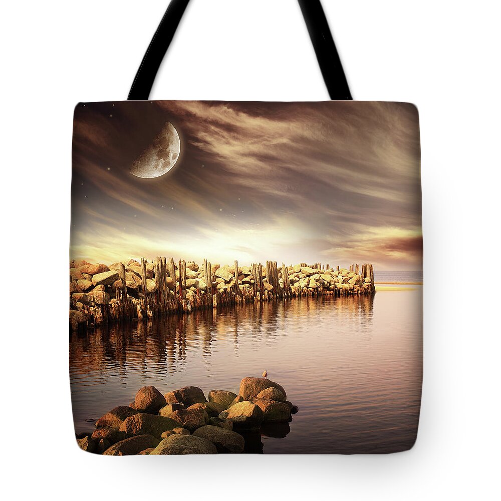 Orange Color Tote Bag featuring the photograph Evening Sea Landscape With Moon by O-che
