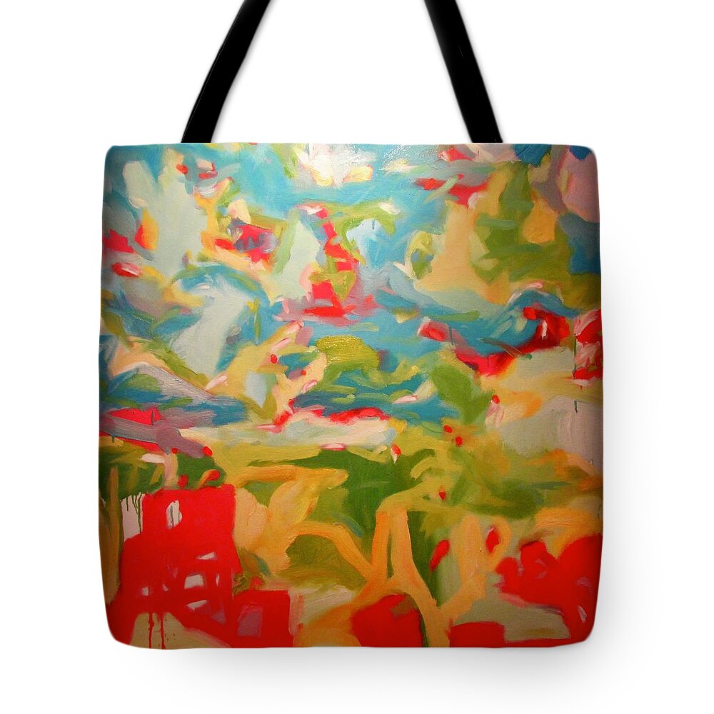 Red Tote Bag featuring the painting Everywhere At Once by Steven Miller