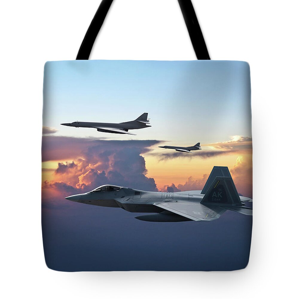 U.s. Air Force Tote Bag featuring the digital art  F-22 Raptor Escorting Russian Tu-160 Blackjacks by Erik Simonsen