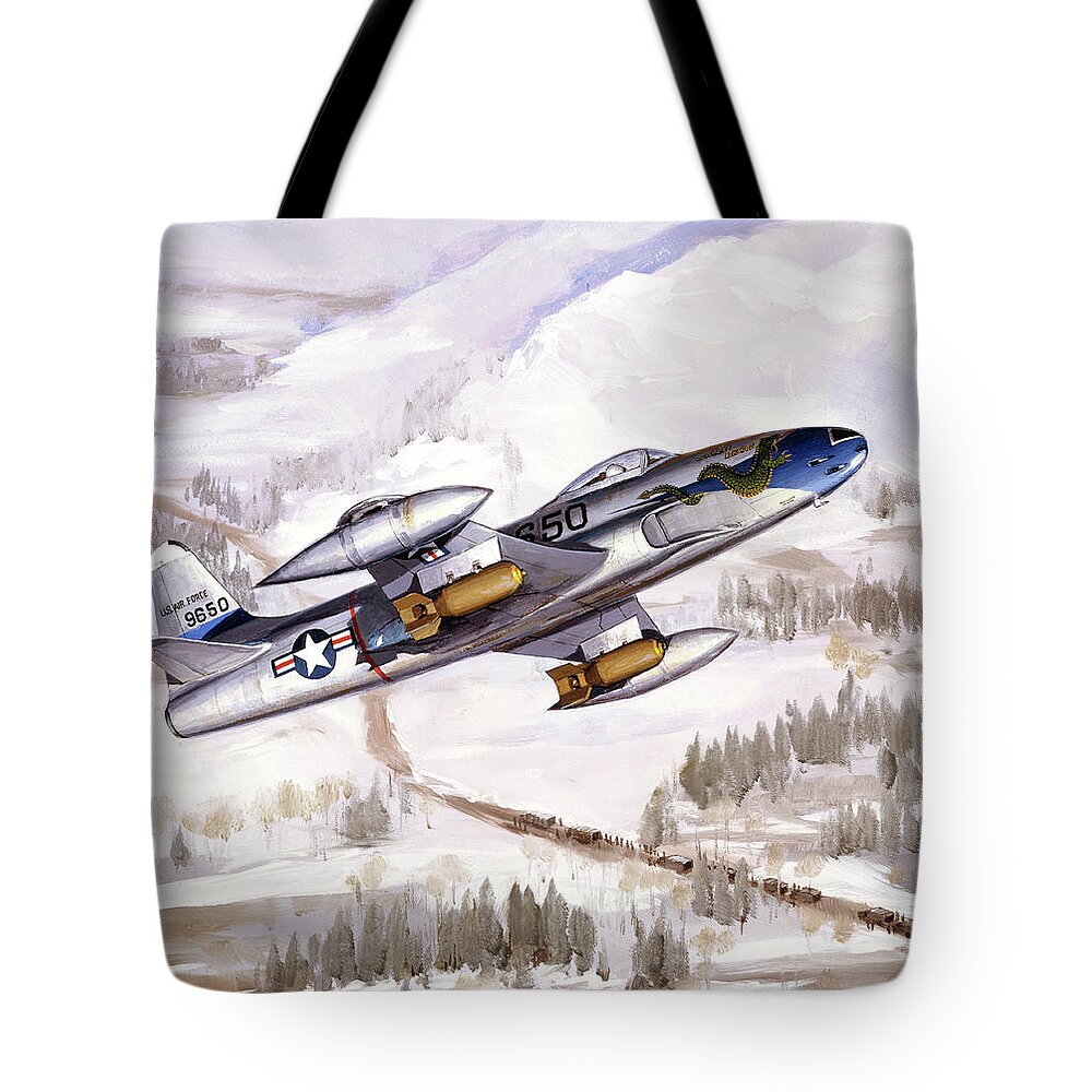 Military Aircraft Tote Bag featuring the painting Lockheed F-80C Shooting Star by Jack Fellows