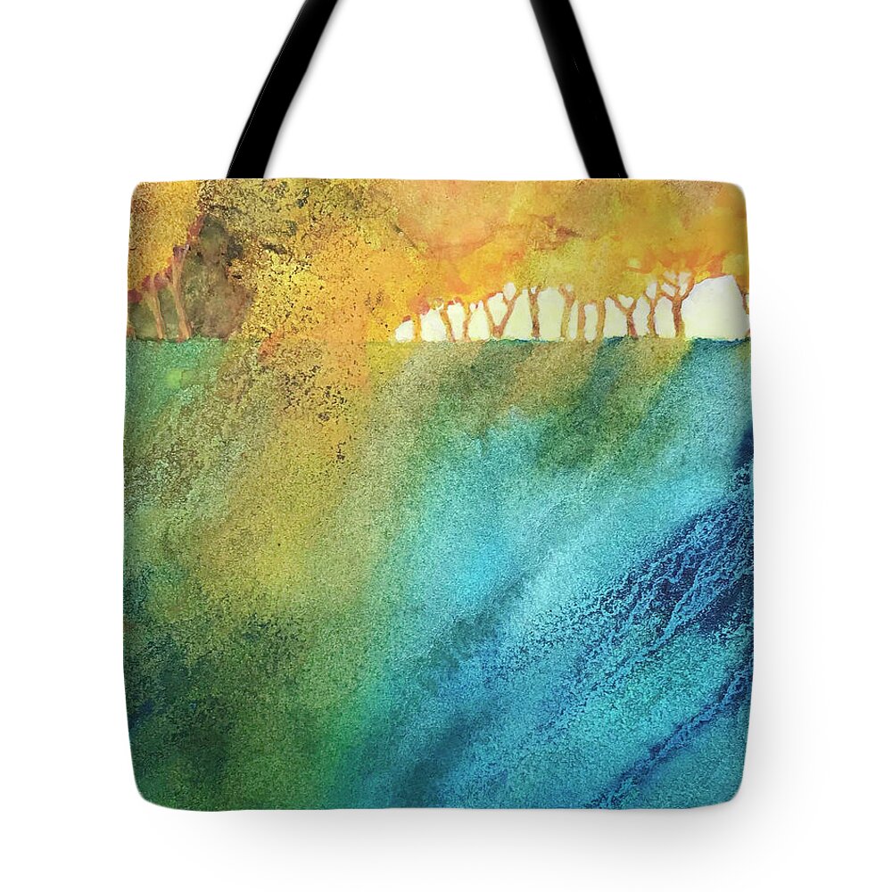 Semi-abstract Tote Bag featuring the painting Fall at The Lake by Judy Frisk